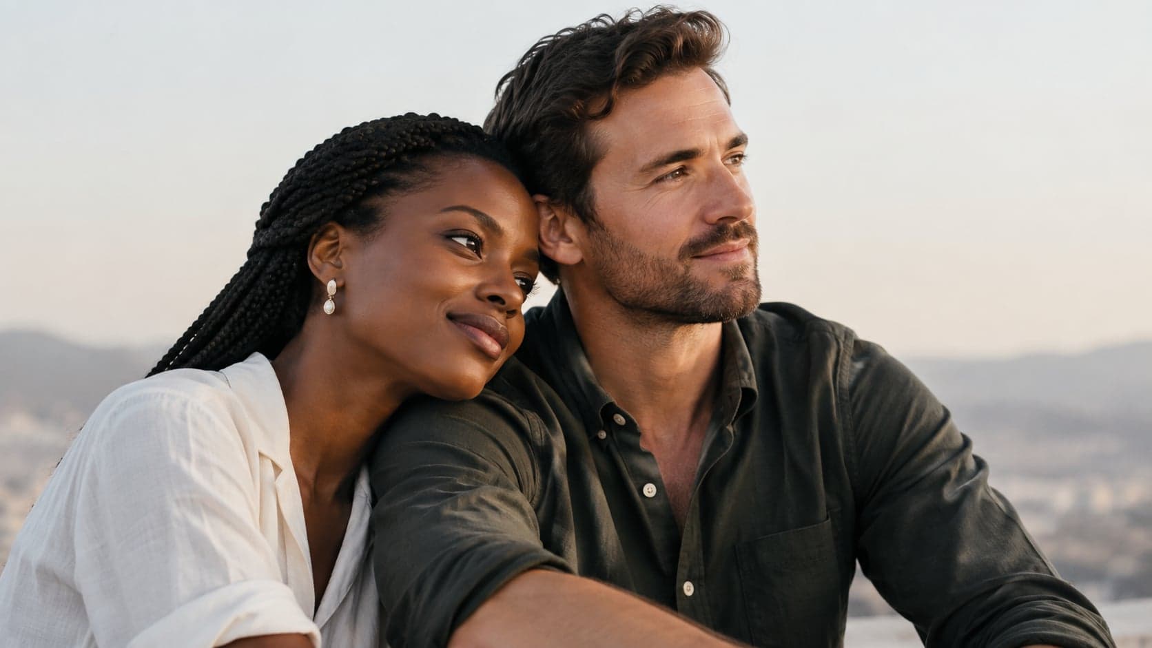 A couple sitting together at sunset, the woman resting her head on the man's shoulder